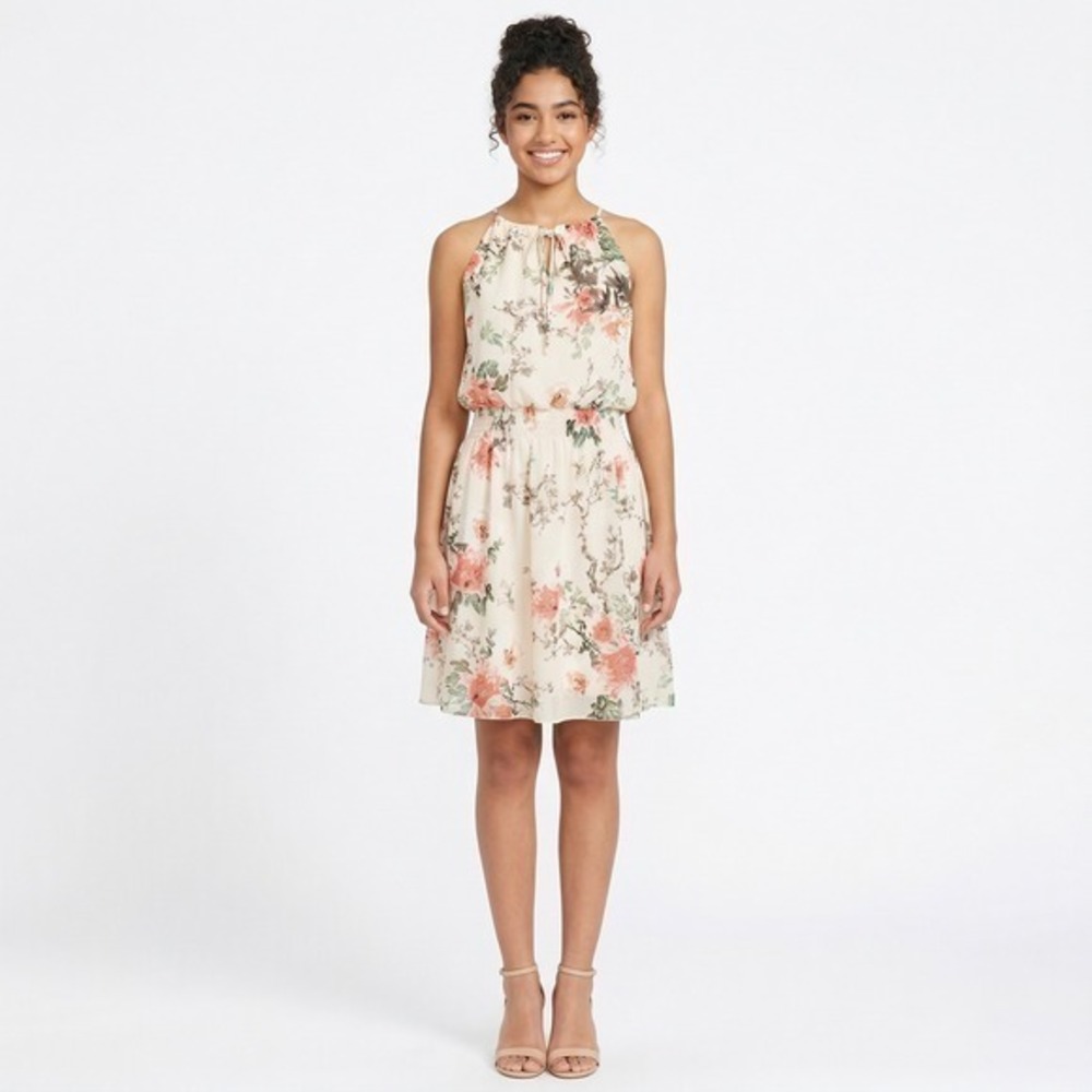 Sweet Storm Floral Halter Dress Cream Pink Smocked Waist Large Wedding Guest